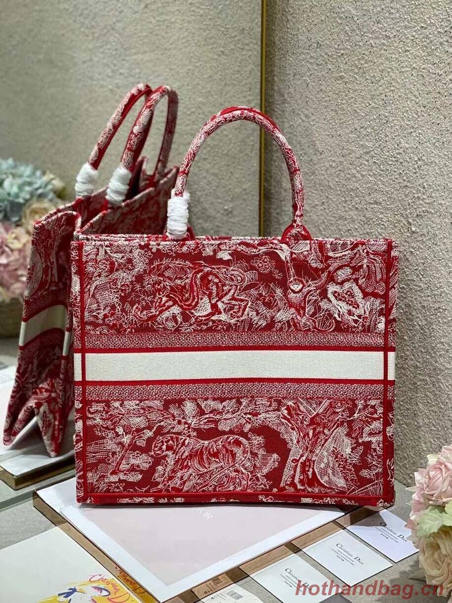 DIOR BOOK TOTE Raspberry Toile de Jouy Reverse Embroidery M1286ZR RED