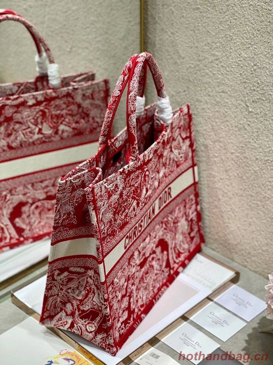 DIOR BOOK TOTE Raspberry Toile de Jouy Reverse Embroidery M1286ZR RED