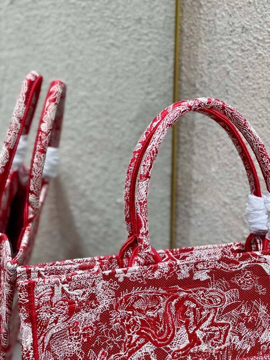 DIOR BOOK TOTE Raspberry Toile de Jouy Reverse Embroidery M1286ZR RED