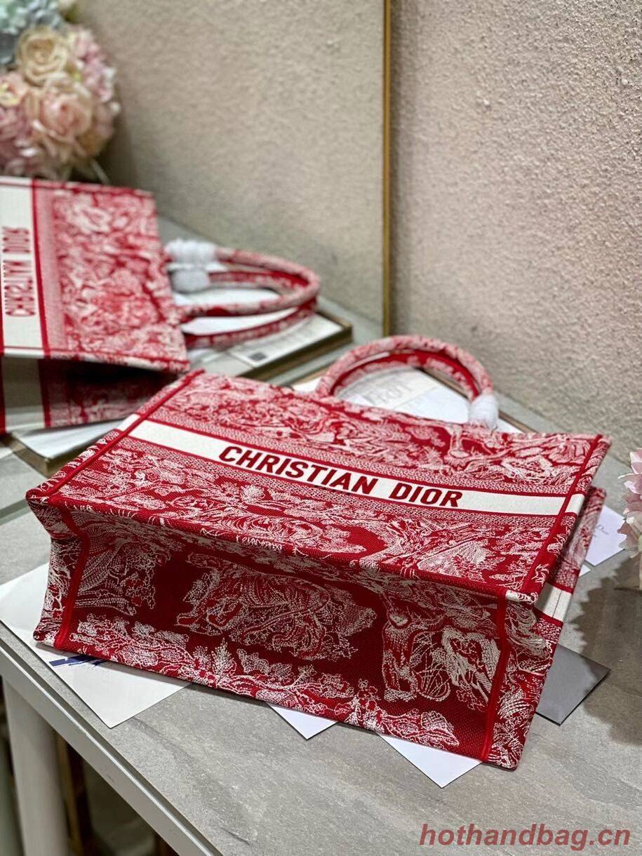 DIOR BOOK TOTE Raspberry Toile de Jouy Reverse Embroidery M1286ZR RED