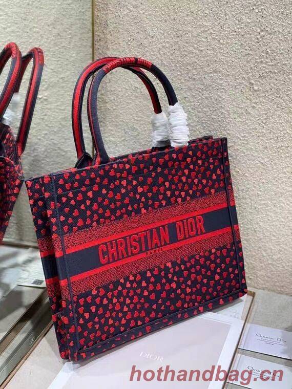 SMALL DIOR BOOK TOTE Navy Blue I Love Paris and Red Hearts Embroidery M1296ZRG