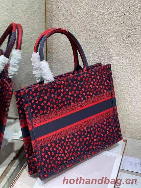 SMALL DIOR BOOK TOTE Navy Blue I Love Paris and Red Hearts Embroidery M1296ZRG