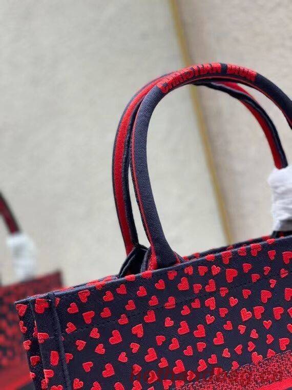 SMALL DIOR BOOK TOTE Navy Blue I Love Paris and Red Hearts Embroidery M1296ZRG