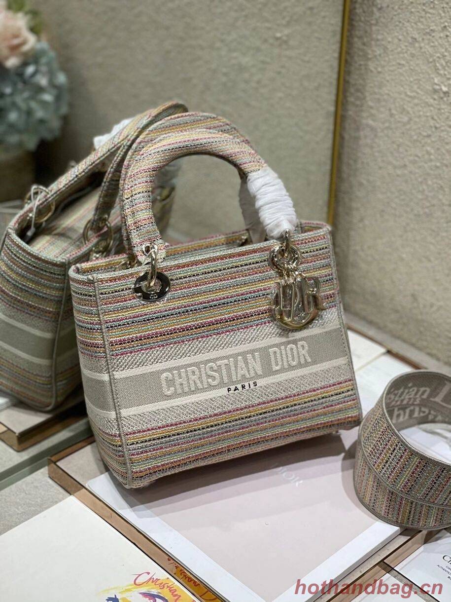 MEDIUM LADY D-LITE BAG Multicolor Stripes Embroidery M0565ORFO