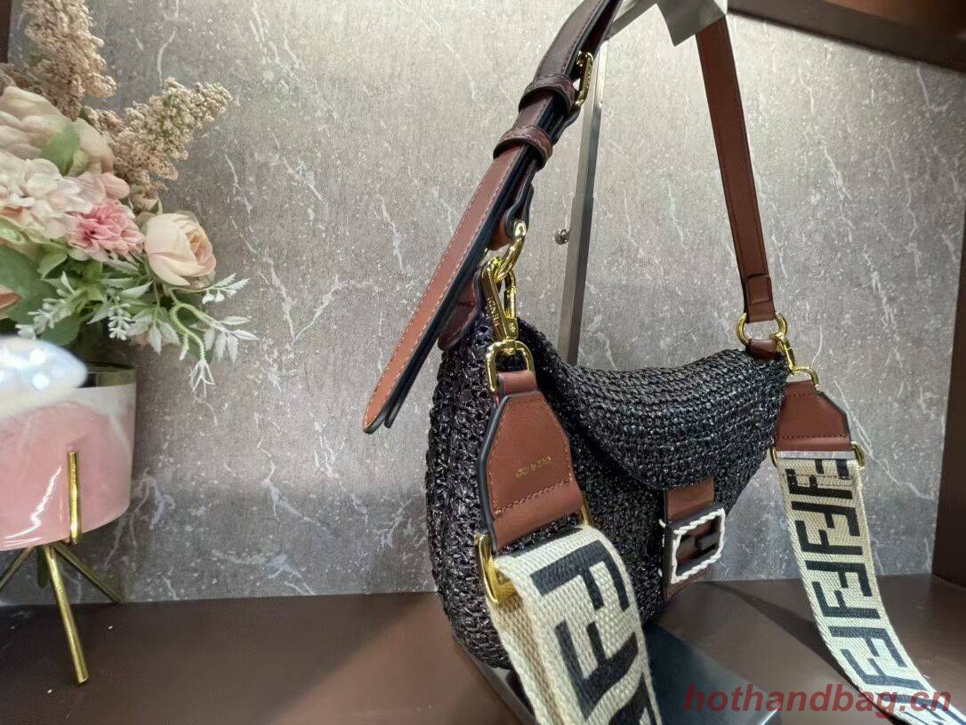 FENDI SMALL CROISSANT Woven straw bag 8BR790AFG black