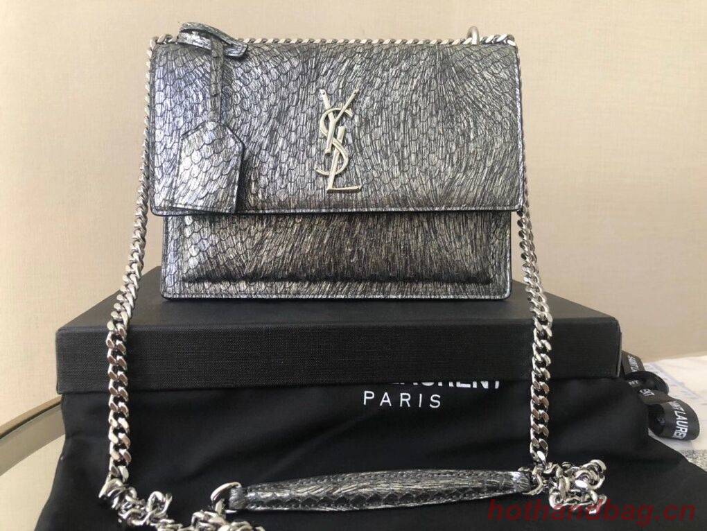 Yves Saint Laurent SUNSET SMALL CHAIN BAG IN SHINY SCALE-EMBOSSED LEATHER Y544296 silver