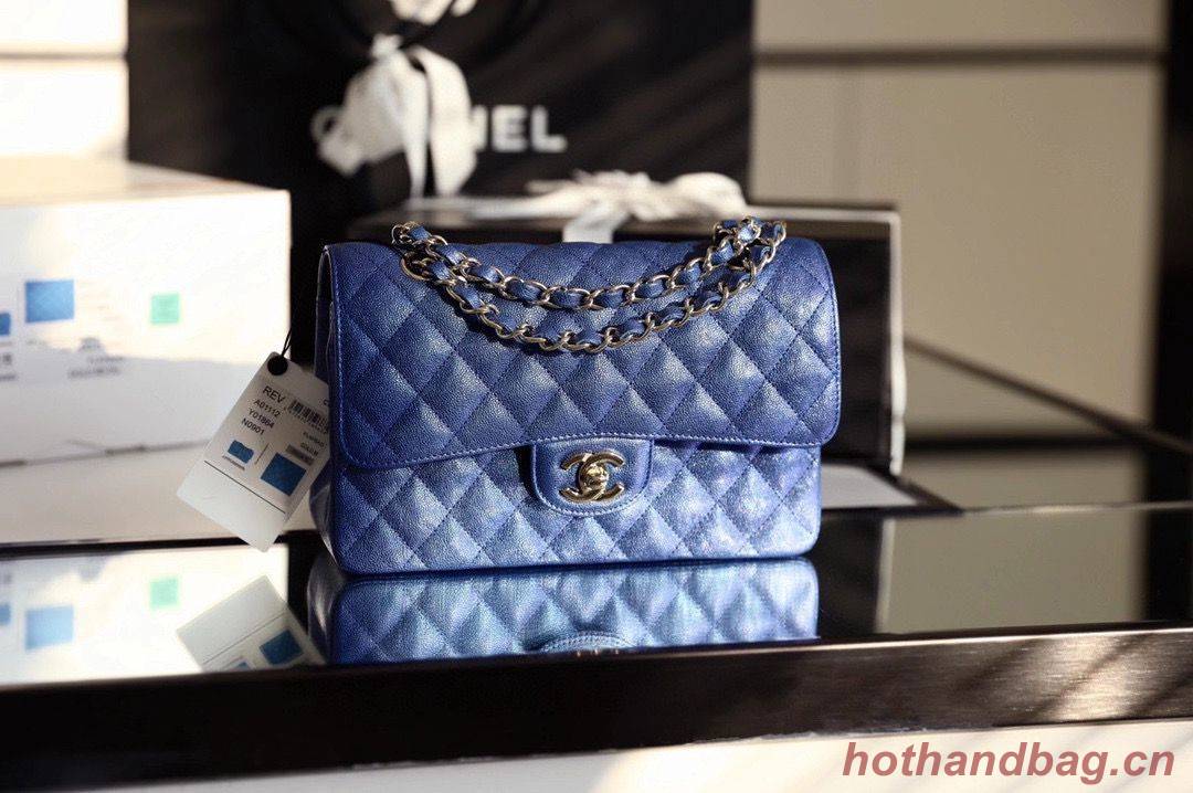 Chanel Small Classic Handbag Grained Calfskin Caviar & silver-Tone Metal A01113 Blue