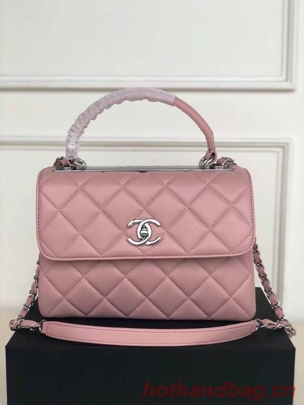 Chanel original lambskin top handle flap bag AS92236 pink&silver-Tone Metal