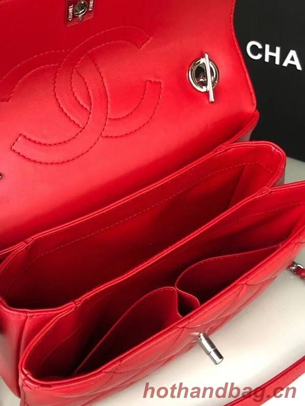 Chanel original lambskin top handle flap bag AS92236 red&silver-Tone Metal