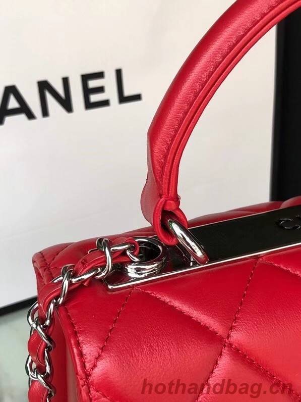 Chanel original lambskin top handle flap bag AS92236 red&silver-Tone Metal