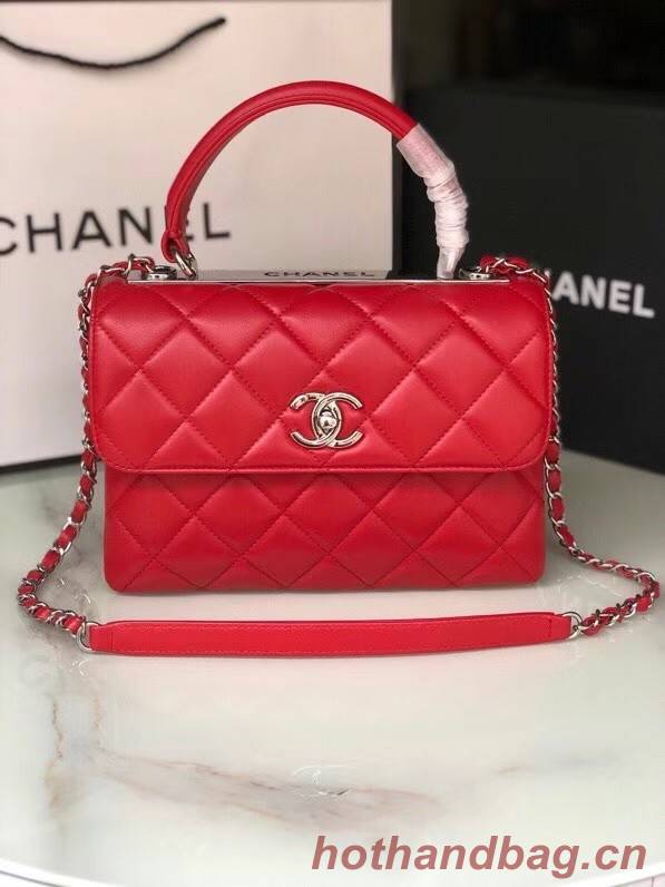 Chanel original lambskin top handle flap bag AS92236 red&silver-Tone Metal