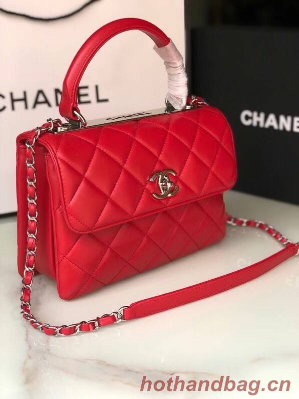 Chanel original lambskin top handle flap bag AS92236 red&silver-Tone Metal