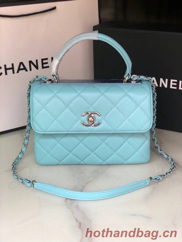 Chanel original lambskin top handle flap bag AS92236 sky blue&silver-Tone Metal