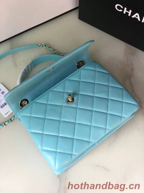 Chanel original lambskin top handle flap bag AS92236 sky blue&Gold-Tone Metal