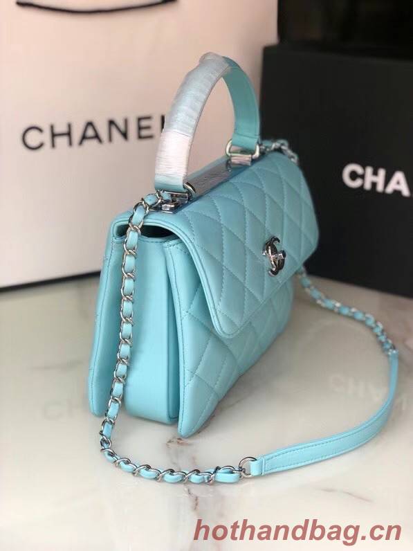 Chanel original lambskin top handle flap bag AS92236 sky blue&silver-Tone Metal