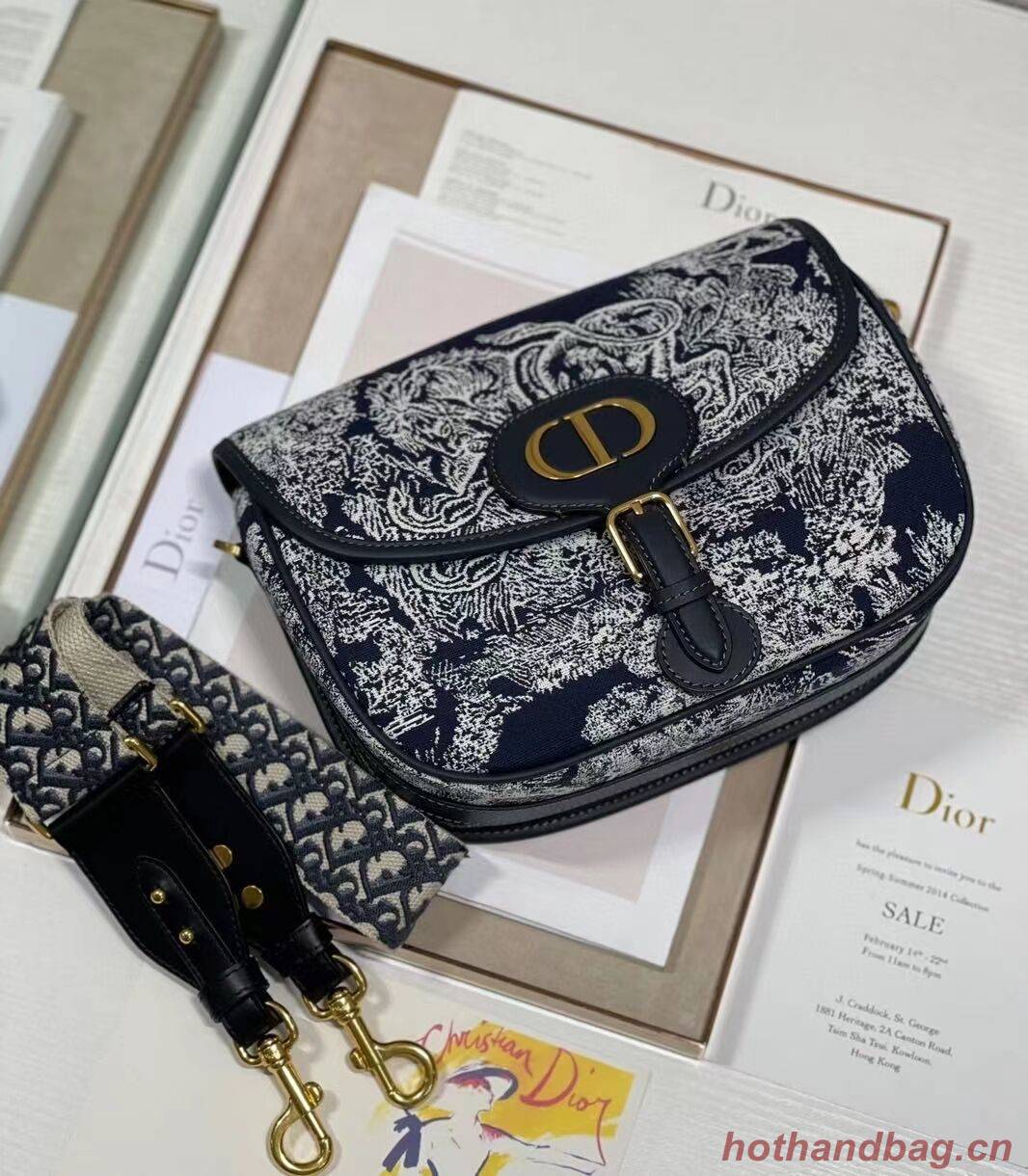 Large  DIOR BOBBY BAG Warm Taupe Box Oblique Embroidery C9267 dark blue