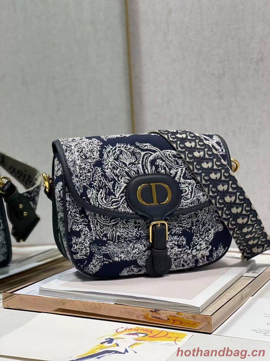 Large  DIOR BOBBY BAG Warm Taupe Box Oblique Embroidery C9267 dark blue