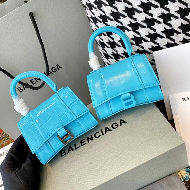 Balenciaga WOMENS HOURGLASS MINI TOP HANDLE BAG shiny box calfskin M8000 blue