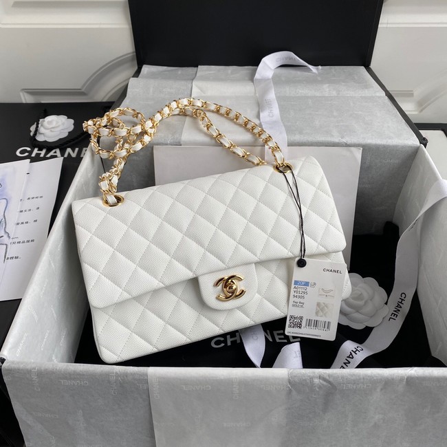 Chanel Flap Shoulder Bag Grained Caviar A01112  gold-Tone Metal white