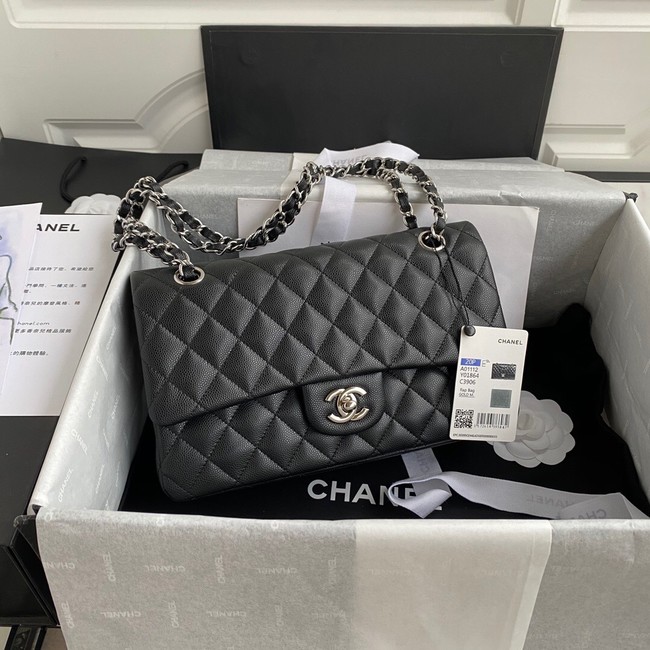 Chanel Flap Shoulder Bag Grained Calfskin A01112 silver-Tone Metal black