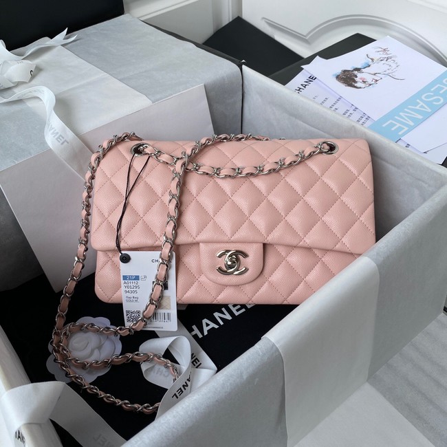 Chanel Flap Shoulder Bag Grained Calfskin A01112 silver-Tone Metal pink