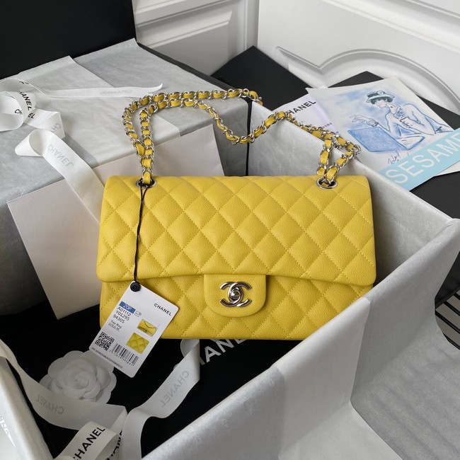 Chanel Flap Shoulder Bag Grained Calfskin A01112 silver-Tone Metal yellow