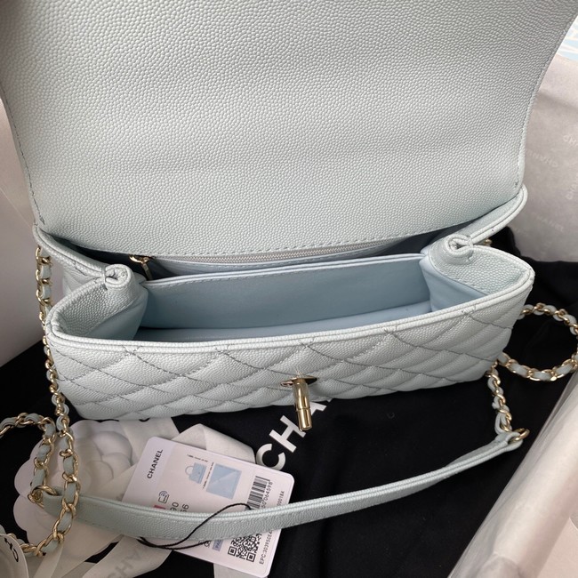 Chanel flap bag with top handle Grained Calfskin A92990 light blue