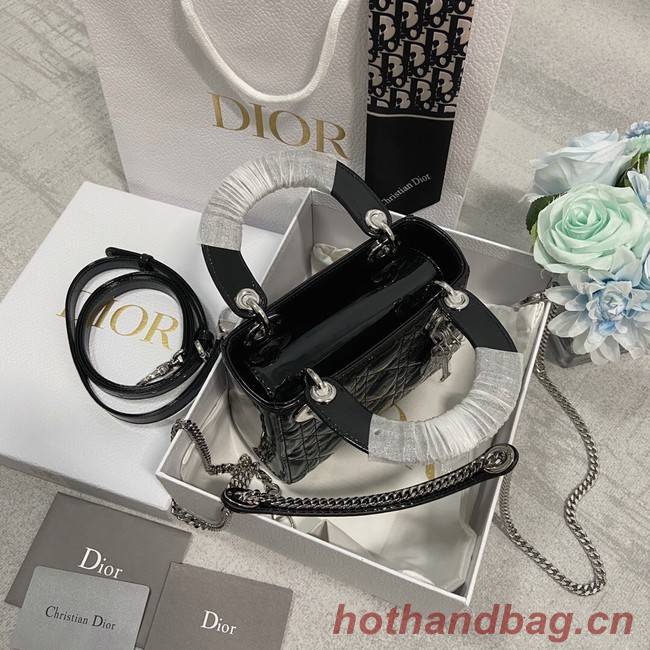 MINI LADY DIOR BAG Patent Cannage Calfskin M0566OW black&silver