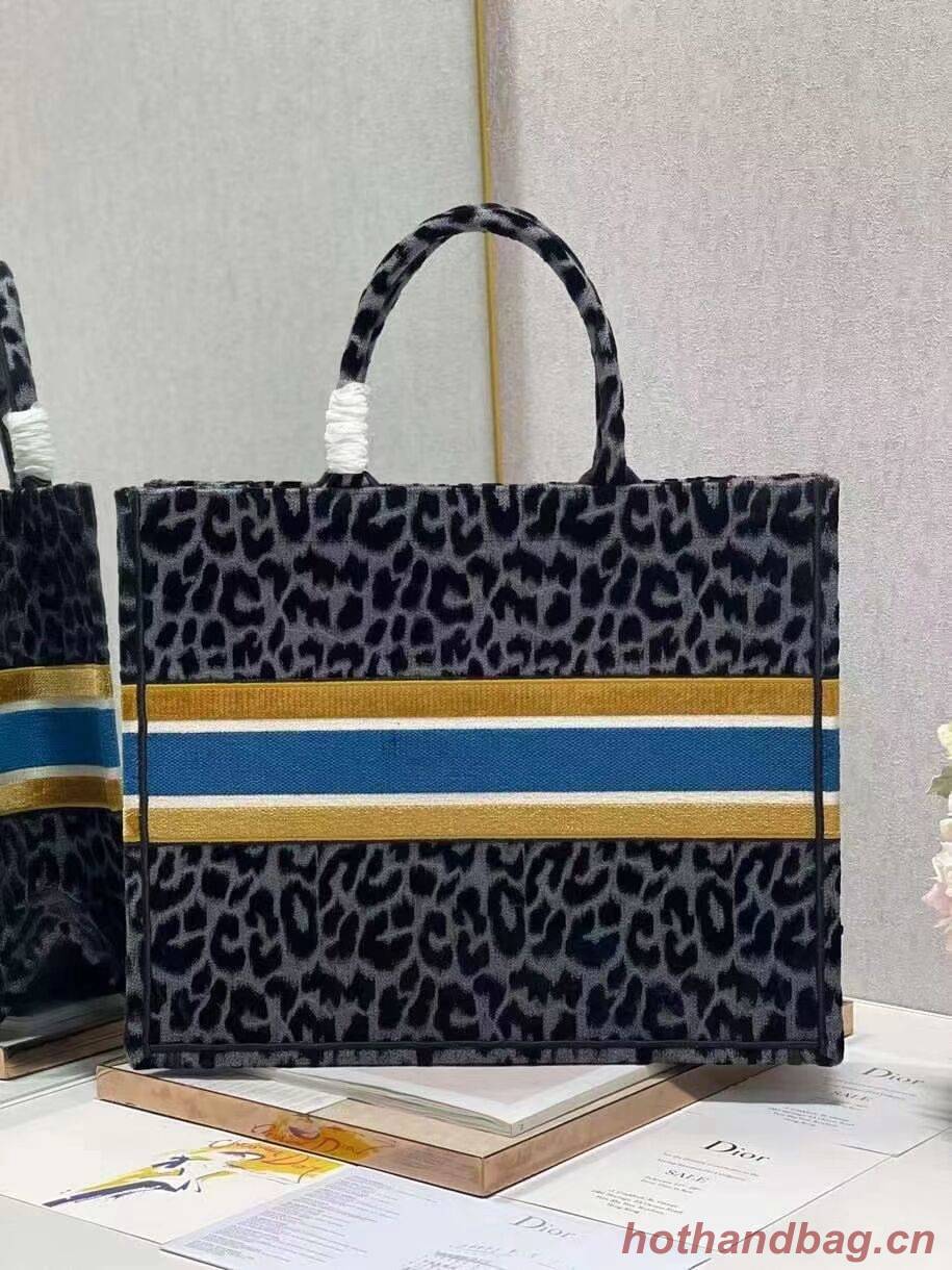 DIOR BOOK TOTE Embroidery C1286-4 Black&gray Leopard Print