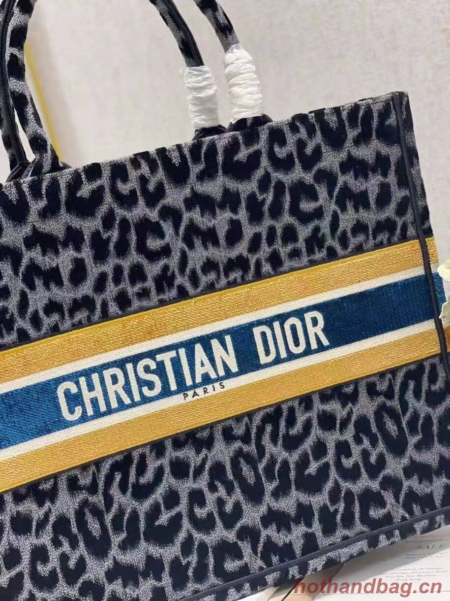 DIOR BOOK TOTE Embroidery C1286-4 Black&gray Leopard Print