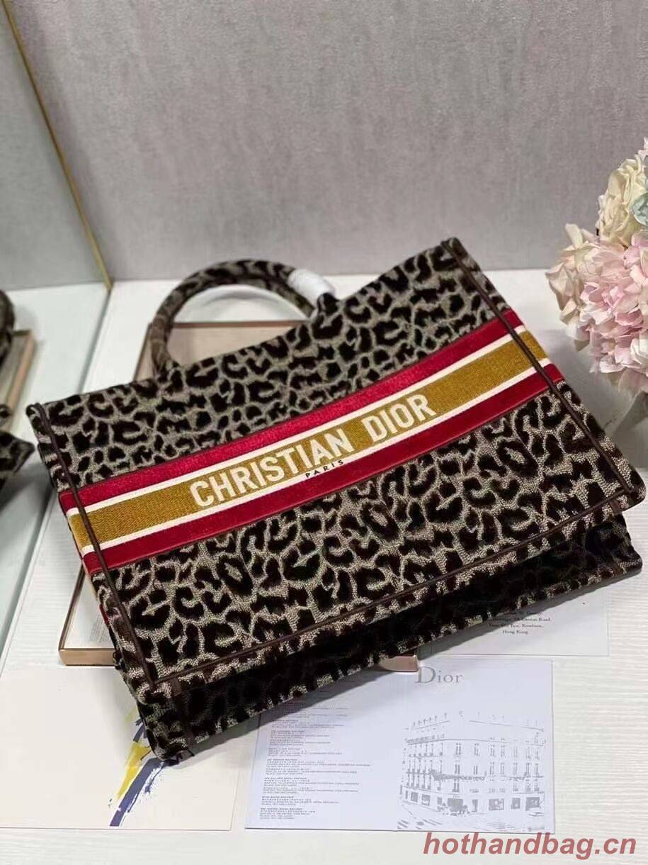 DIOR BOOK TOTE Embroidery  C1286-1 Brown Leopard Print