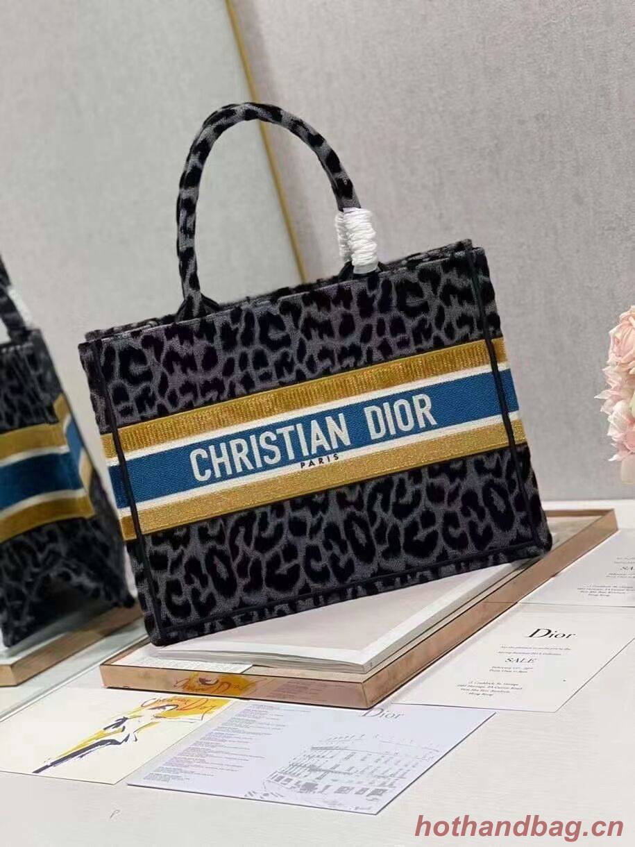 SMALL DIOR BOOK TOTE Embroidery C1287-4 Black&gray Leopard Print