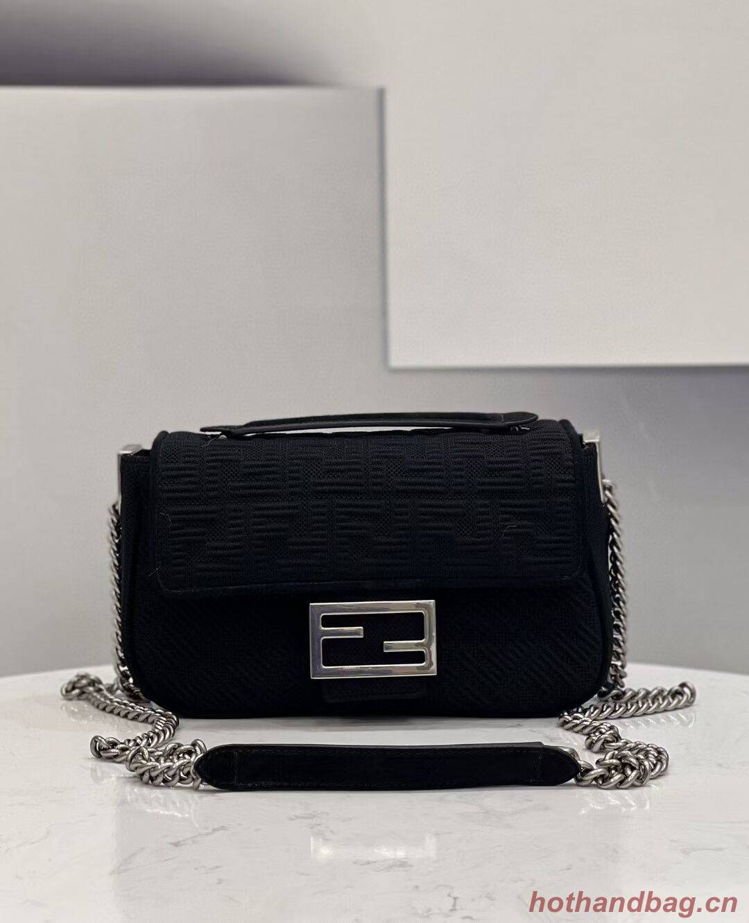 FENDI MIDI BAGUETTE CHAIN FF fabric bag 8BR793 black