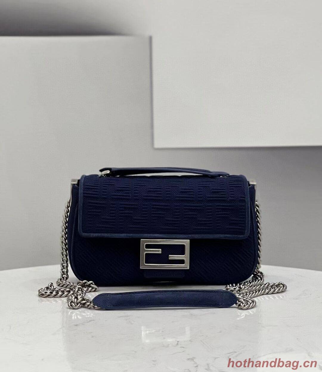 FENDI MIDI BAGUETTE CHAIN FF fabric bag 8BR793 dark blue