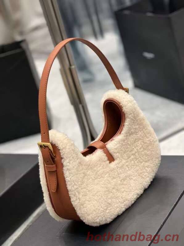 Yves Saint Laurent LE FERMOIR HOBO BAG IN MERINO SHEARLING 6726152 NATURAL BEIGE & BRICK