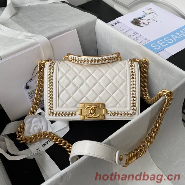 SMALL BOY CHANEL HANDBAG Gold-Tone Metal A67085 WHITE