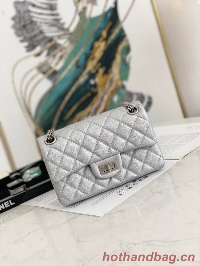 Chanel MINI 2.55 HANDBAG Metallic Grained Calfskin & White Metal AS0874 Silver