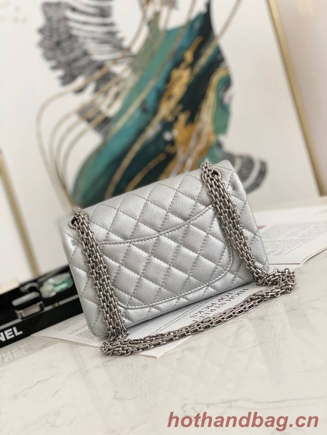 Chanel MINI 2.55 HANDBAG Metallic Grained Calfskin & White Metal AS0874 Silver