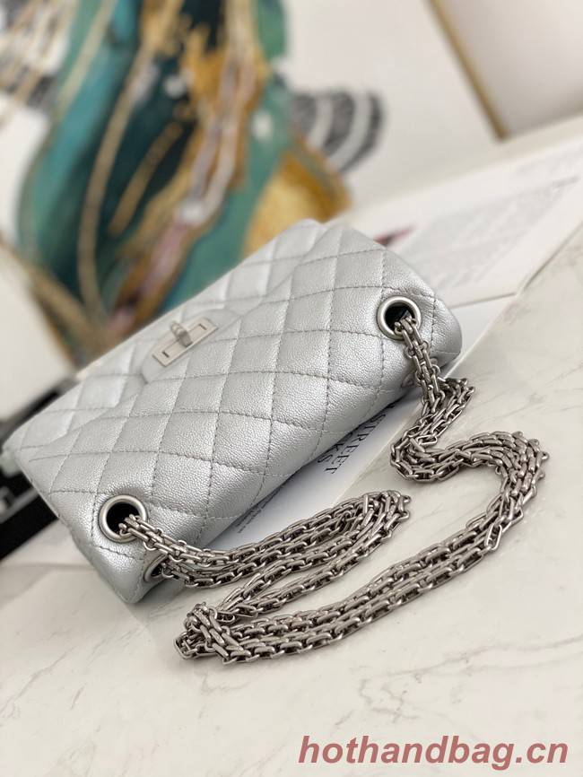 Chanel MINI 2.55 HANDBAG Metallic Grained Calfskin & White Metal AS0874 Silver