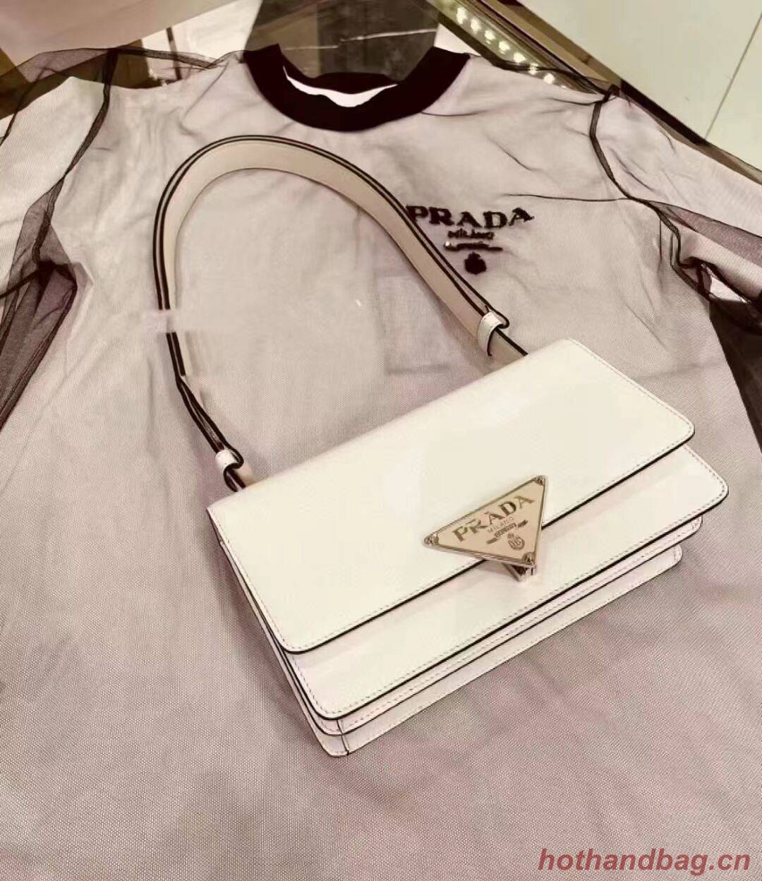 Prada Cleo brushed leather shoulder bag 1BN321 white