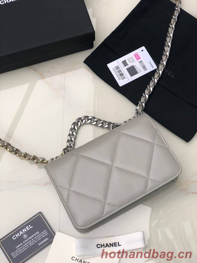 Chanel 19 Classic Sheepskin Leather Chain Wallet AP0957 light gray& silver-Tone Metal