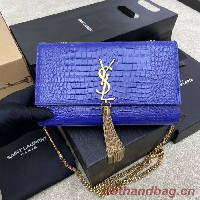 YSL KATE MEDIUM WITH TASSEL IN CROCODILE-EMBOSSED SHINY LEATHER 377829 blue