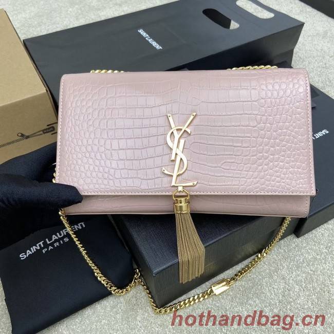 YSL KATE MEDIUM WITH TASSEL IN CROCODILE-EMBOSSED SHINY LEATHER 377829 pink