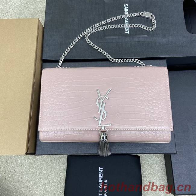 YSL KATE MEDIUM WITH TASSEL IN CROCODILE-EMBOSSED SHINY LEATHER B377829 pink