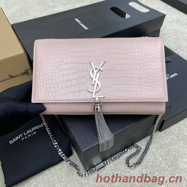 YSL KATE MEDIUM WITH TASSEL IN CROCODILE-EMBOSSED SHINY LEATHER B377829 pink