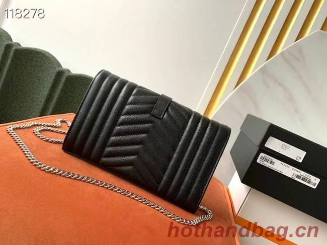 SAINT LAURENT MONOGRAM CHAIN WALLET IN MIX MATELASSE GRAIN DE POUDRE EMBOSSED LEATHER 620280 BLACK&SILVER