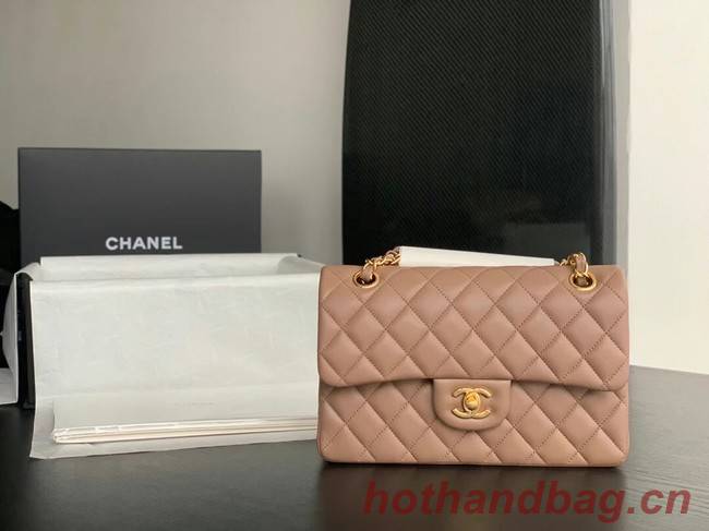 Chanel Small Classic Handbag Sheepskin Gold-Tone Metal A01113 Taupe