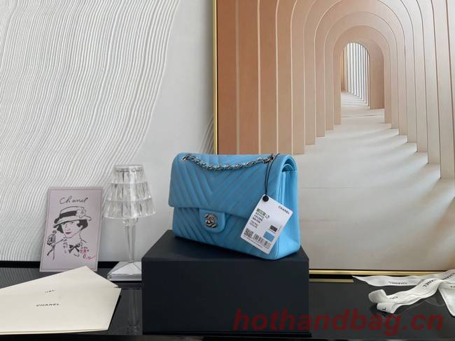 Chanel classic handbag Lambskin & silver Metal V01112 sky blue