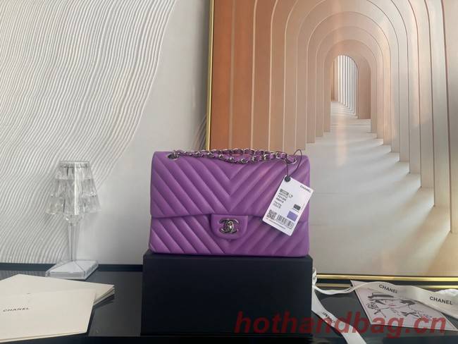 Chanel classic handbag Lambskin & silver Metal V01112 purple