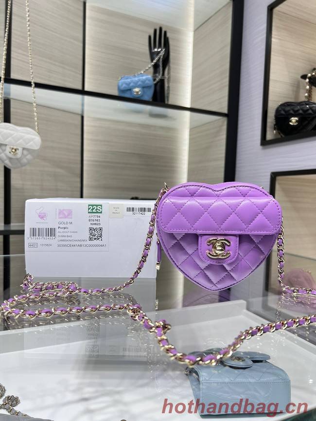 Chanel 2022S Love Heart mini Lambskin Crossbody Chain Bag AO2784 Purple